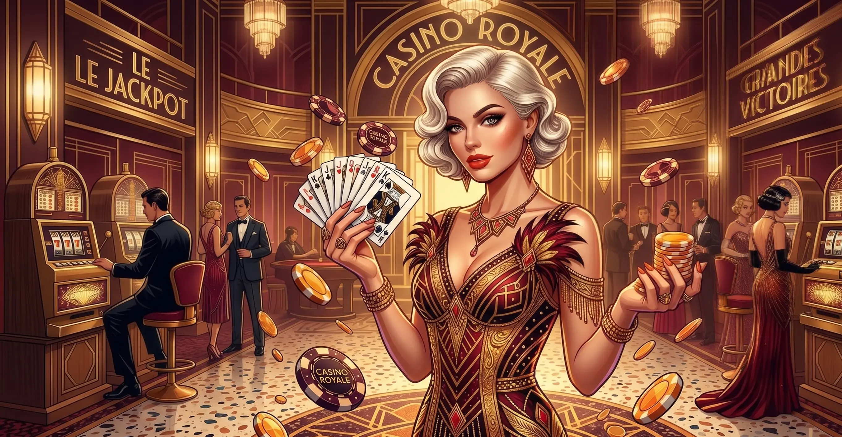 Modern casino salonu, slot makineleri, kartlar ve casino çipleri
